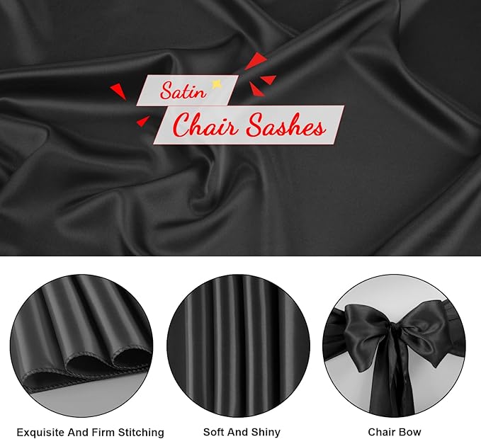 10 PCS Black Satin Chair Sashes Bows Universal Chair Ribbon Ties Back Sash for Wedding Party Reception Events Banquets Hotel Event Chair Cover Decoration (Champagne 7x108 inch)