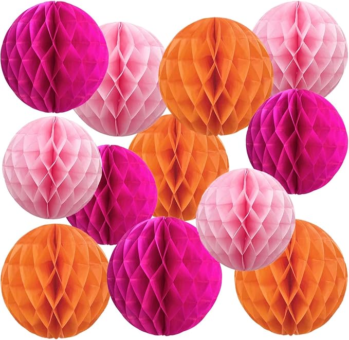 Hot Pink Orange and Pink Paper Honeycomb Balls, 6 and 10 inch Hanging Tissue by Unknown
