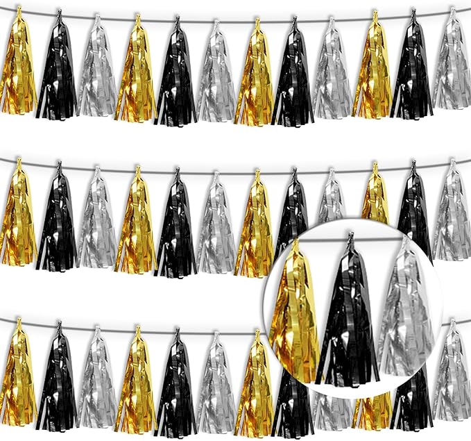 3P Black Gold Silver Tassel Banner Garland Metallic Foil Fringe Banner Tinsel by FENGNIAN