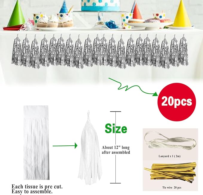 Silver Tassel Garland 20 Pcs, Tissue Paper Tassels Garland Banner - Image 2