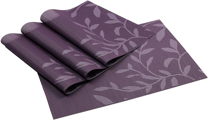 SHACOS Woven Vinyl Placemats Set of 4 Purple Leaf Pattern Place Mats Wipe Clean - Image 3