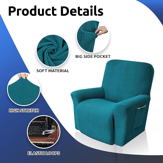 Recliner Chair Covers, 1-Piece Lazy Boy Recliner Covers, Peacock Blue | - Image 7
