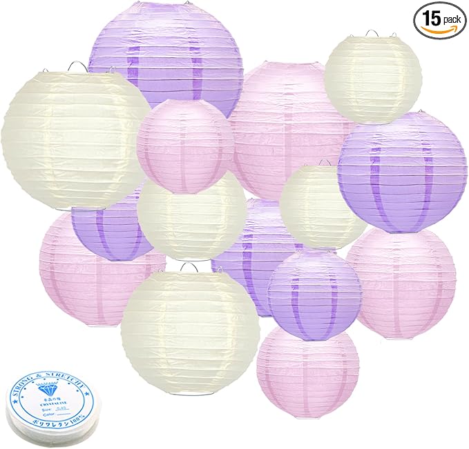 15 Pcs Pink Purple White Paper Lanterns, baby showers, bridal showers, weddings by MEIDUO