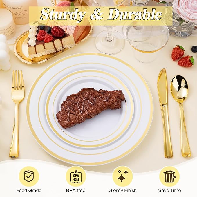 100PCS White Plastic Plates Set with Gold Rim, 50 10.25 inch Heavy Duty Dinner Plate and 50 7.5 inch Dessert Appetizer Plates, Premium Disposable Plates for Party, Wedding, Birthday
