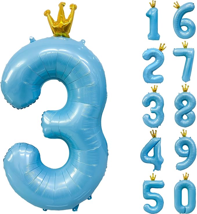Blue Number 3 Balloon with Crown, 40 inch Blue Number Balloon 3rd Birthday by Yeodong