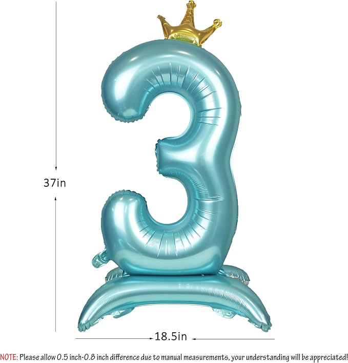 Blue Crown Number 3 Foil Balloon Standing Blue digital 3 Foil Balloon | - Image 2