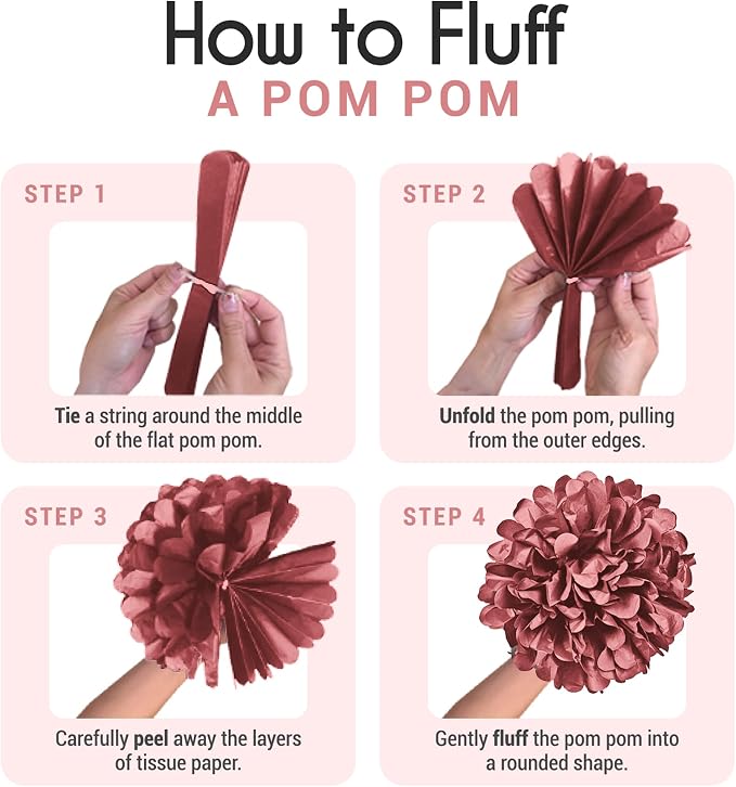 EpiqueOne 20 Piece Tissue Paper Pom Poms | Blush Pink, Dusty Rose, Mauve & - Image 4
