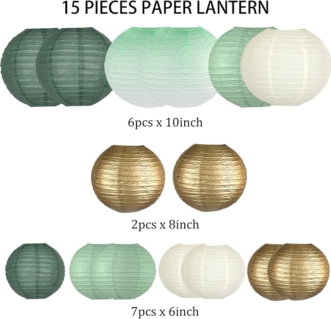 15-Pack Sage Green Gold Paper Lanterns, Hanging Classroom Decor | 6, 10 Inch - Image 2