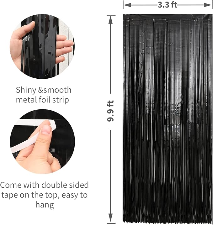 7 Pack 3.3 x 9.9 ft Black Fringe Backdrop Streamers Party Decorations | Foil - Image 2