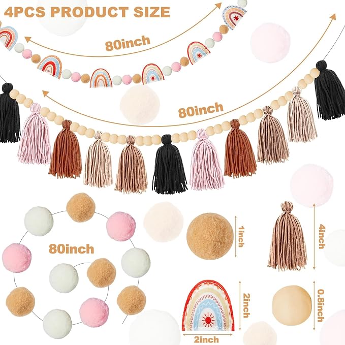 4 Pcs Boho Felt Banner Classroom Tassel Garland Felt Rainbow Decoration - Image 2