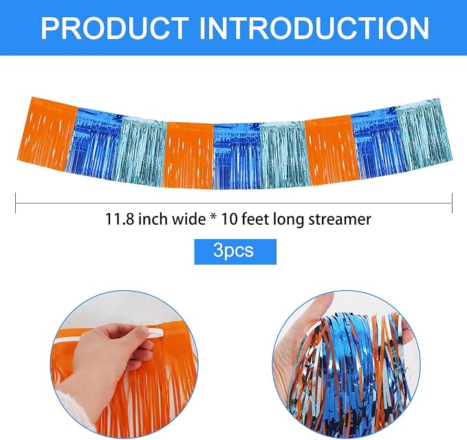 BEISHIDA Orange Blue Fringe Garland Banner 30ft Wall Tinsel Foil Streamers | - Image 2
