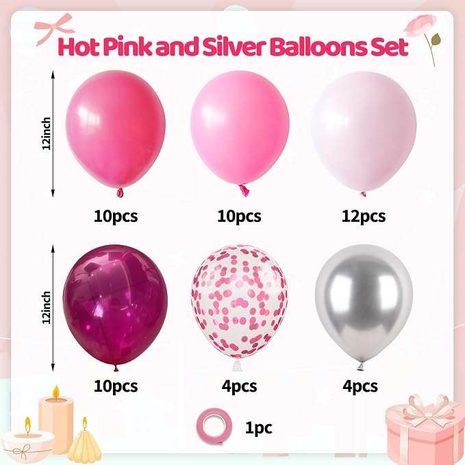 Paready Pink Balloons Set, 12 Inch Confetti Balloon Metallic Silver Party - Image 2
