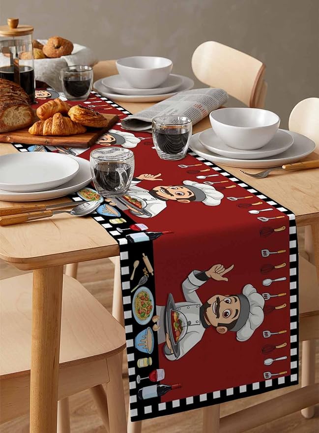 Red Chef Gourmet Cotton Linen Table Runner for Dining Kitchen, Wedding Outdoor Party Tablerunners Decoration, Black White Check Plaid Funny Kitchen Dresser Scarf Coffee Tablecloth Runners 13x90 Inches