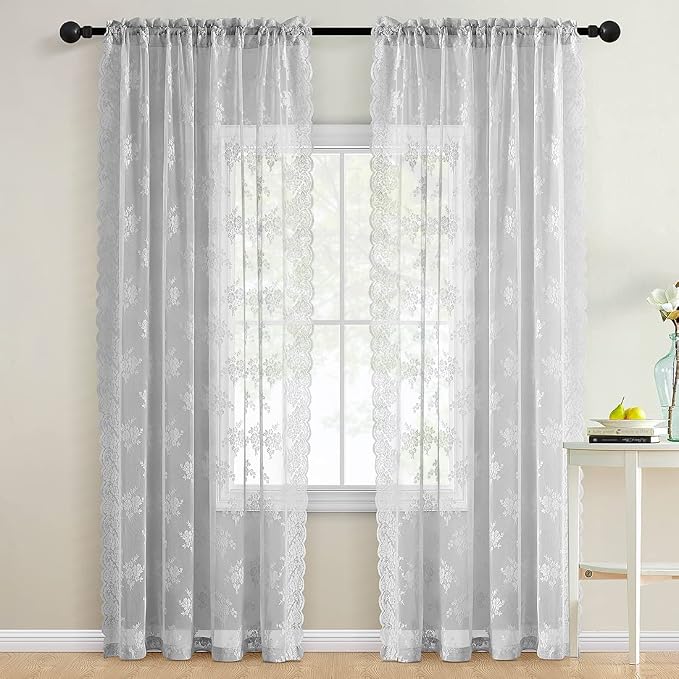 Kotile Grey Lace Curtains for Bedroom Rustic Floral 52 x 63 Inch, 2 Panels | - Image 6