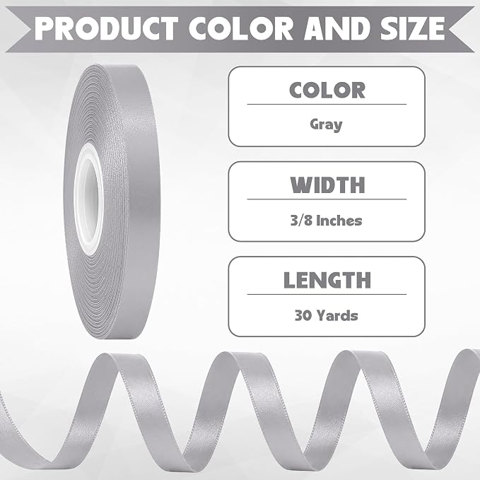 30Yards 3/8In Gray Thin Ribbon for Gift Wrapping Wedding Birthday Holiday | - Image 2