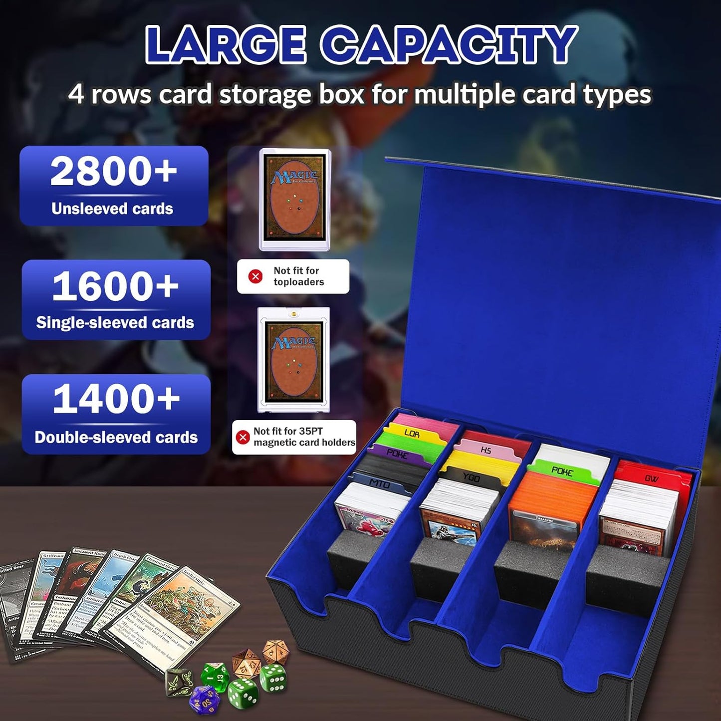 Card Storage Box for Trading Cards, 2800+ Card Deck Case with PU Leather and Magnetic Closure, TCG Storage Box, Suitable for MTG, YuGiOh, and Sports Cards, With 10 Card Dividers ＆ 4 Stoppers