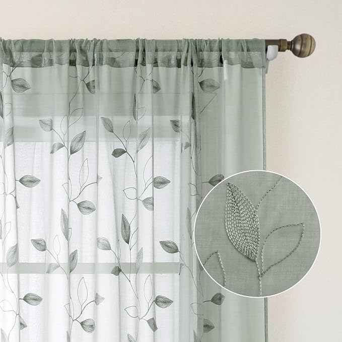 HOMEIDEAS Sage Green Sheer Curtains 52 X 96 Inches Long 2 Panels Embroidered - Image 8