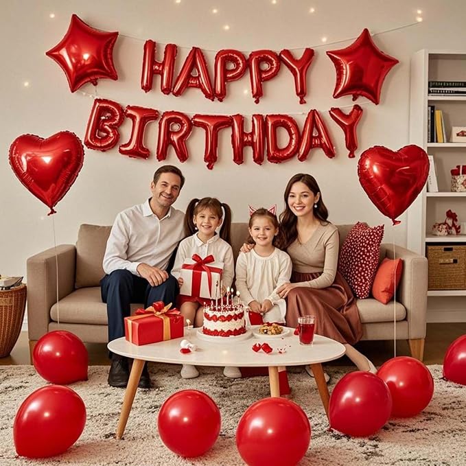 27 Pcs Red Birthday Decorations, 3D Foil Red Happy Birthday Balloon Banner - Image 3