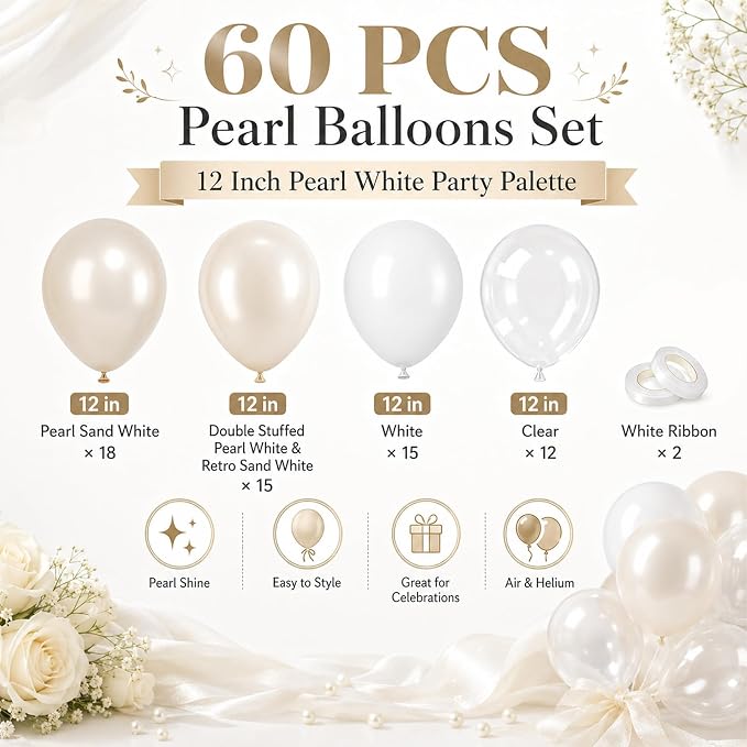 Pearl White Balloons, Elegant Neutral Boho Nude Bridal Shower Baby Birthday - Image 2