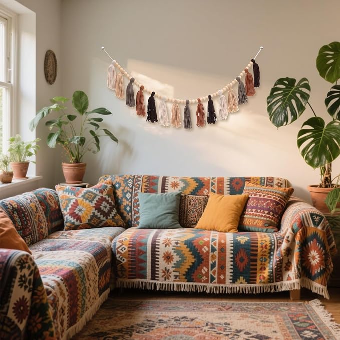 Boho Tassel Garland Western Decor Terracotta Tassel Wood Bead | - Image 3