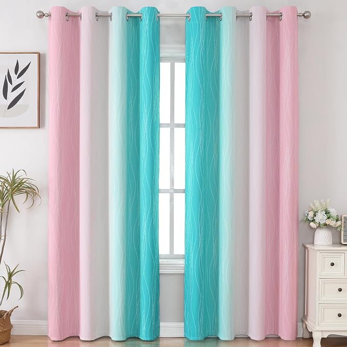 Pink and Teal Blackout Curtains 102 Inch Length 2 Panels Set, Thermal Insulated - Image 2