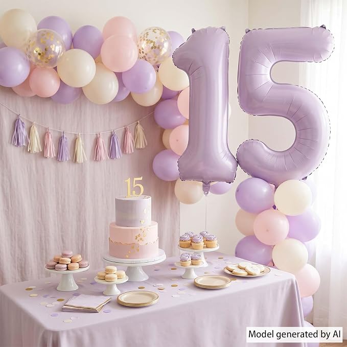 Cream Purple Number 15 Balloon 40 Inch, Foil Numeral - Image 7