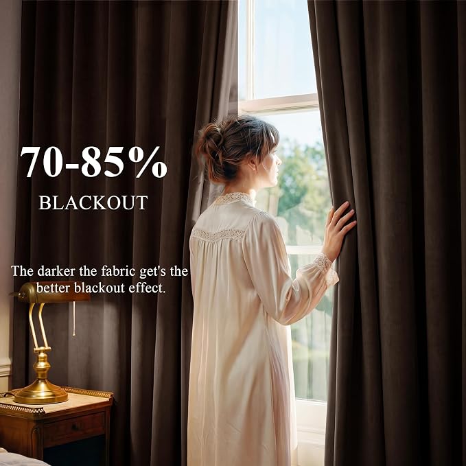 Brown Velvet Curtains Blackout for Living Room, W52 x L108, 2 Panels | 300GSM - Image 3