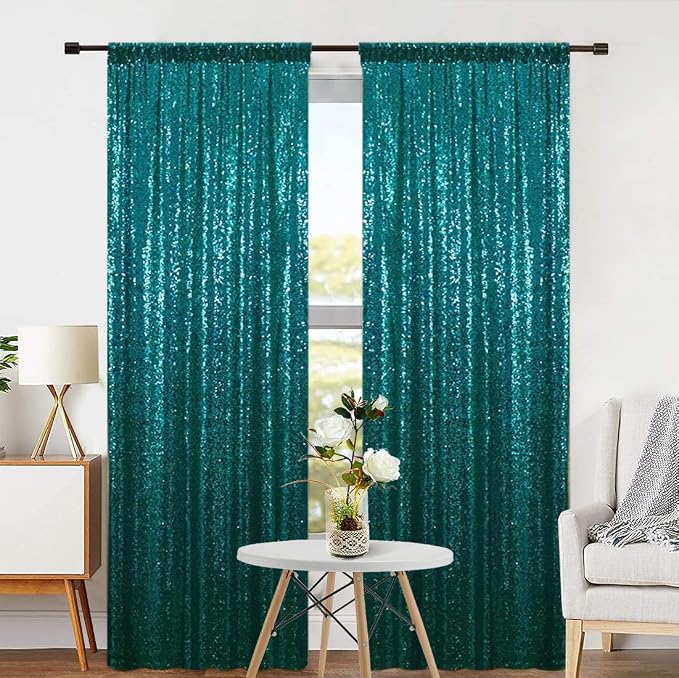 Eternal Beauty Teal Sequin Backdrop Curtains, 4 Panels 2x8FT | 3mm Sparkle - Image 3