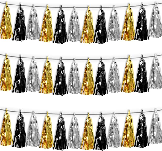 3P Black Gold Silver Tassel Banner Garland Metallic Foil Fringe Banner Tinsel - Image 7