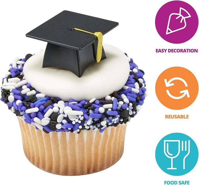 DecoPac Grad Hat Cupcake Toppers, 24 Graduation Cake Pics, Food Safe Cake - Image 2