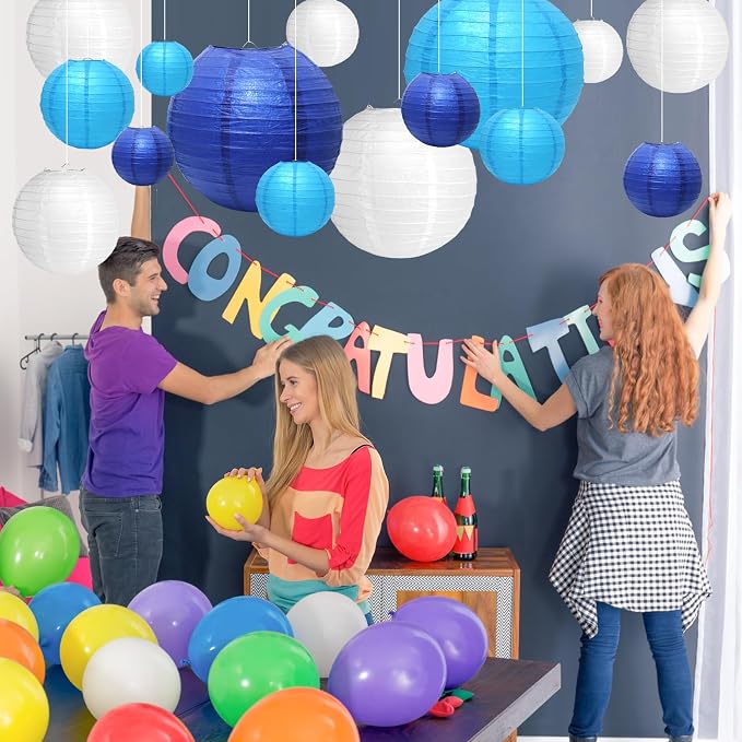 21Pcs Blue Paper Lanterns, 4-10in Hanging Decor, Wedding Birthday | Blue - Image 5