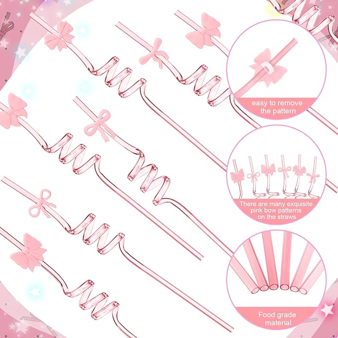 Yungyan 16 Sets Pink Bow Party Favors Goodie Cups with Lids and Straws for Birthday Coquette Party Decorations Reusable 16oz Plastic Candy Cups Plastic Straws for Christmas Decor(Pink Bow)