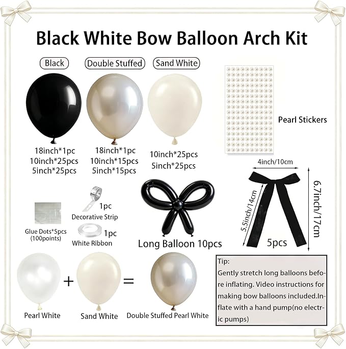 Black White Bow Balloon Arch Kit, Double-stuffed Pearl Beige Cream Balloons - Image 2