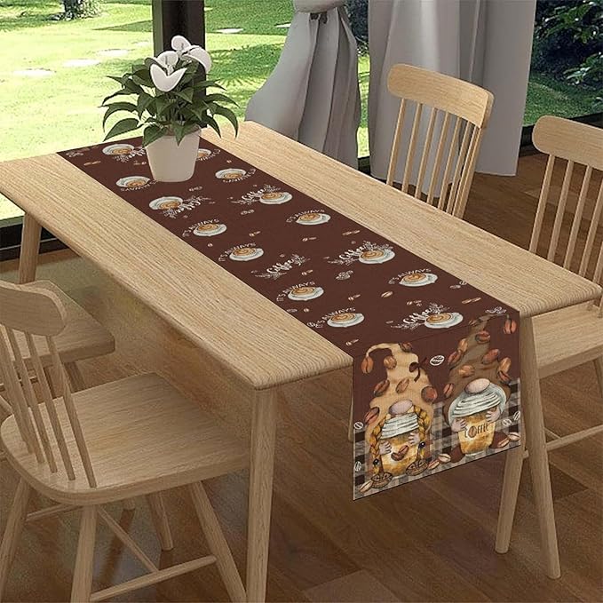 Coffee Time Table Runner, Farmhouse Retro Gnome Coffee Cup Tea Party Cafe Brwon Table Center Decor for Home Kitchen Dining Patio Holiday Party Indoor Outdoor Table Decorations,13"x72" Inch