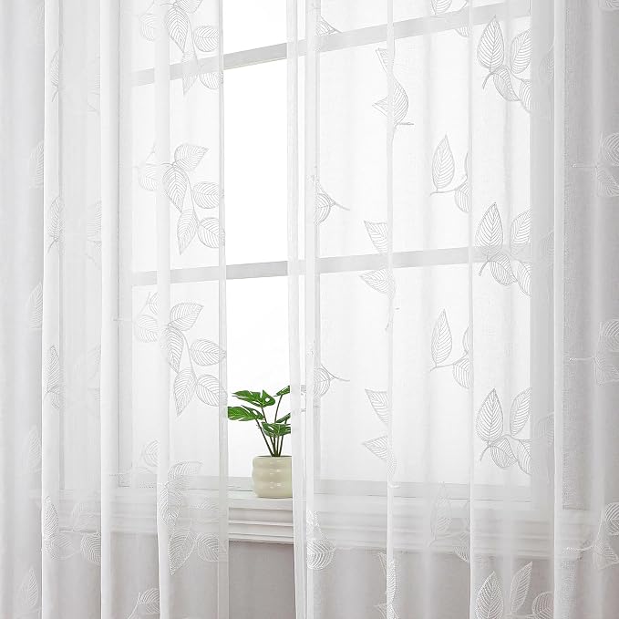 White Sheer Curtains Leaf Embroidered 84 Inches Long 2 Panels | Light Filtering - Image 5