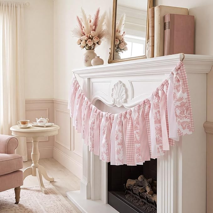Fanfanwin Pink Floral Tassel Garland Farmhouse Fabric Hanging Banner 80 Inches - Image 5