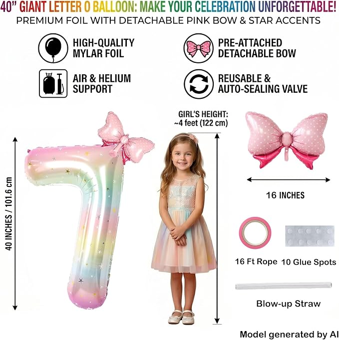 40" Giant Pastel Rainbow Number 17 Balloon Foil Pink Bow Decor Kit | - Image 2