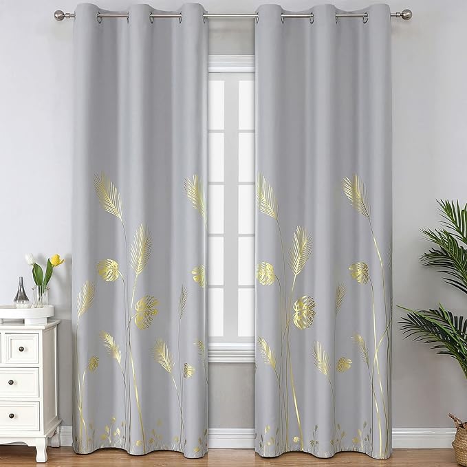 Light Grey Blackout Curtains for Living Room Gold Palm Tree Design Light by ESTELARTEXTILER