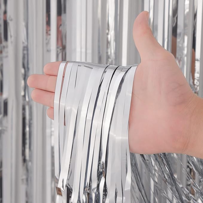 4 Pack Silver Foil Fringe Backdrop Curtains, Tinsel Streamers Birthday Party Decorations, Fringe Backdrop for Graduation, Baby Shower, Gender Reveal, Disco Party