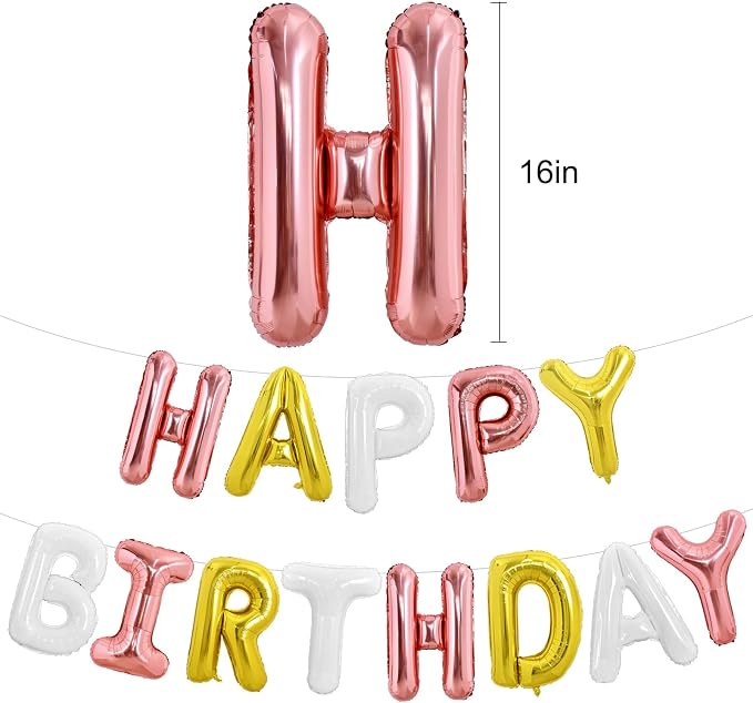 TONIFUL Gold Rose Gold White Happy Birthday Balloon Banner Decorations | 16 - Image 2