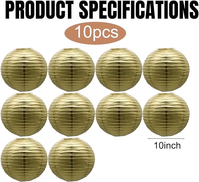 Gold Round Paper Lanterns Chinese Japanese Hanging Ceiling Lanterns 10IN | - Image 2