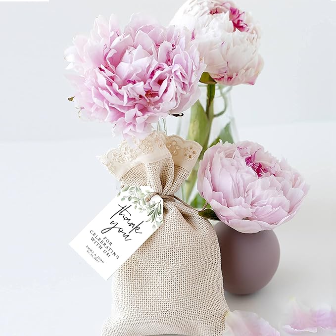 Andaz Press 100-Pack Personalized Thank You Wedding Favor Tags with Bakers Twine Greenery Leaves Custom Thank You Tags Wedding Gift Tags 2' X 3.75'