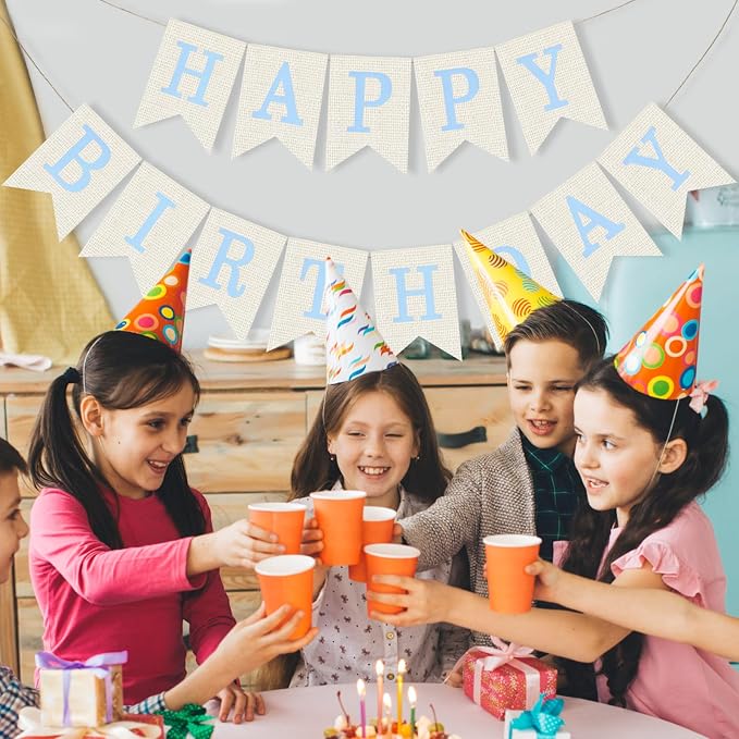 White Burlap Happy Birthday Banner Sign Birthday Garland Wall Door Hanging - Image 6