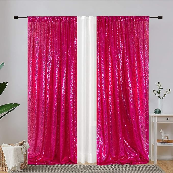Eternal Beauty Hot Pink Sequin Backdrop Curtains, 4 Panels 2x8FT | 3mm Sparkle - Image 3
