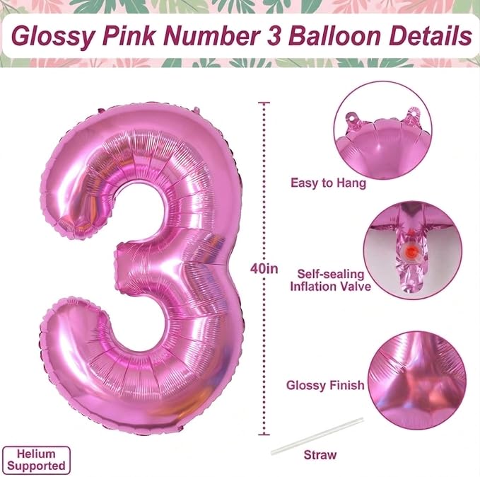 Pink Number 3 Balloon 40 Inch, Lustrous Foil Digit - Image 4