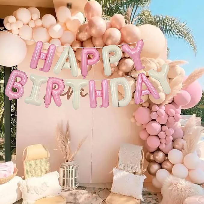 TONIFUL 16 Inch Cream White Pink Happy Birthday Balloons Banner Decorations | - Image 5
