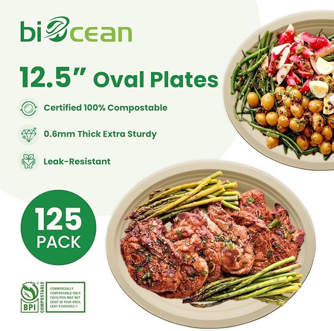 12.5 Inch Compostable Oval Plates [125-Value Pack] - Sustainable and Heavy-Duty Compostable Paper Plates, Natural Sugarcane Bagasse Biodegradable Plate, Natural Brown