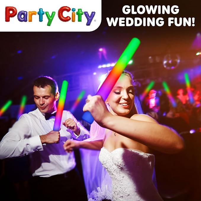 Party City 24pk LED Foam Glow Sticks 14”- Glow in the Dark Party Supplies Favors, Colorful Flashing Wand with 3 Modes, Light Up Foam Sticks Bulk Party Pack for Wedding, Birthday, Concert, Halloween