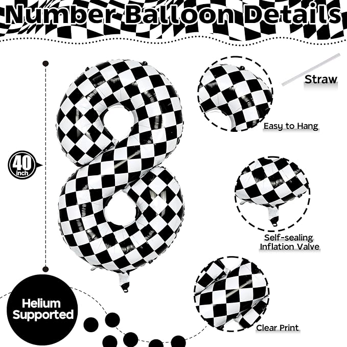 Foil 8th Birthday Number Balloon, Large Checkered Helium 8 Racing Balloons Decor - Image 2