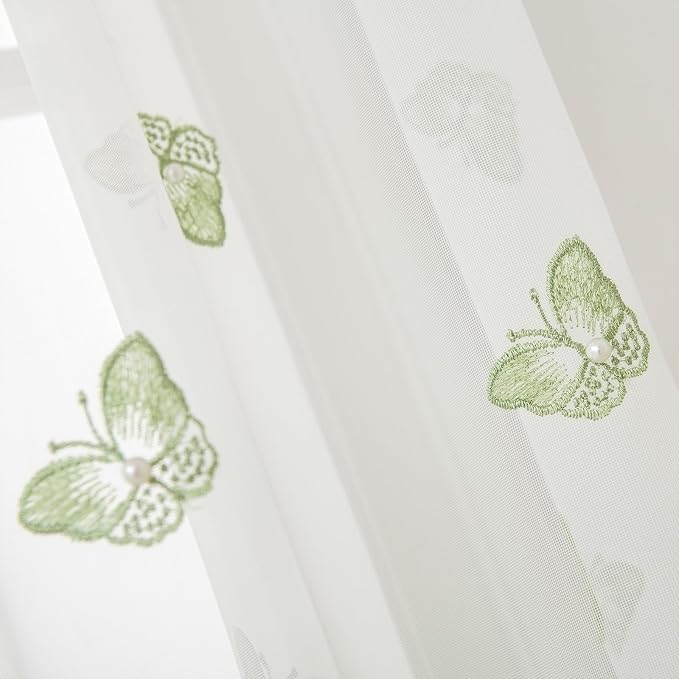 White Sheer Voile Curtains Green Embossed Butterflies 63 Inches | Light - Image 3